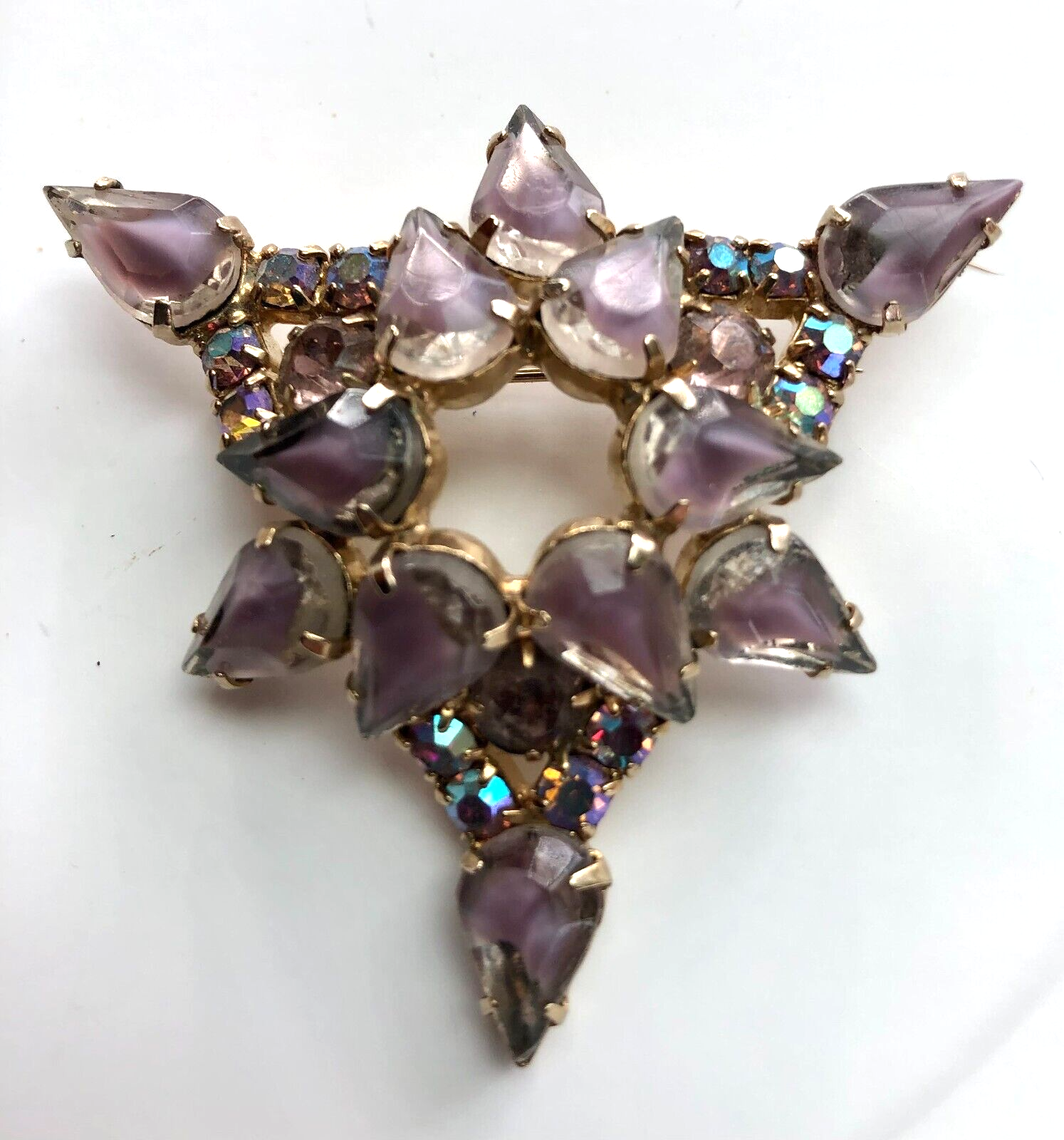 Primary image for Vintage Amethyst AB Rhinestone Doomed Triangle Pin Brooch 2.5" x 2.5" MCM