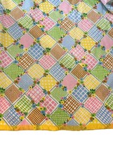 Vintage Blanket Patchwork Look Flowers Yellow Satin Trim 72X90 Pastels Blue Pink - £27.76 GBP
