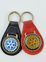 Lot of 2 Vintage Rotary Intl leather keychain keyring metal back Red &amp; Black - £8.06 GBP