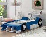 Twin Size Race Car-Shaped Wooden Platform Bed With Wheels, Blue - $435.99
