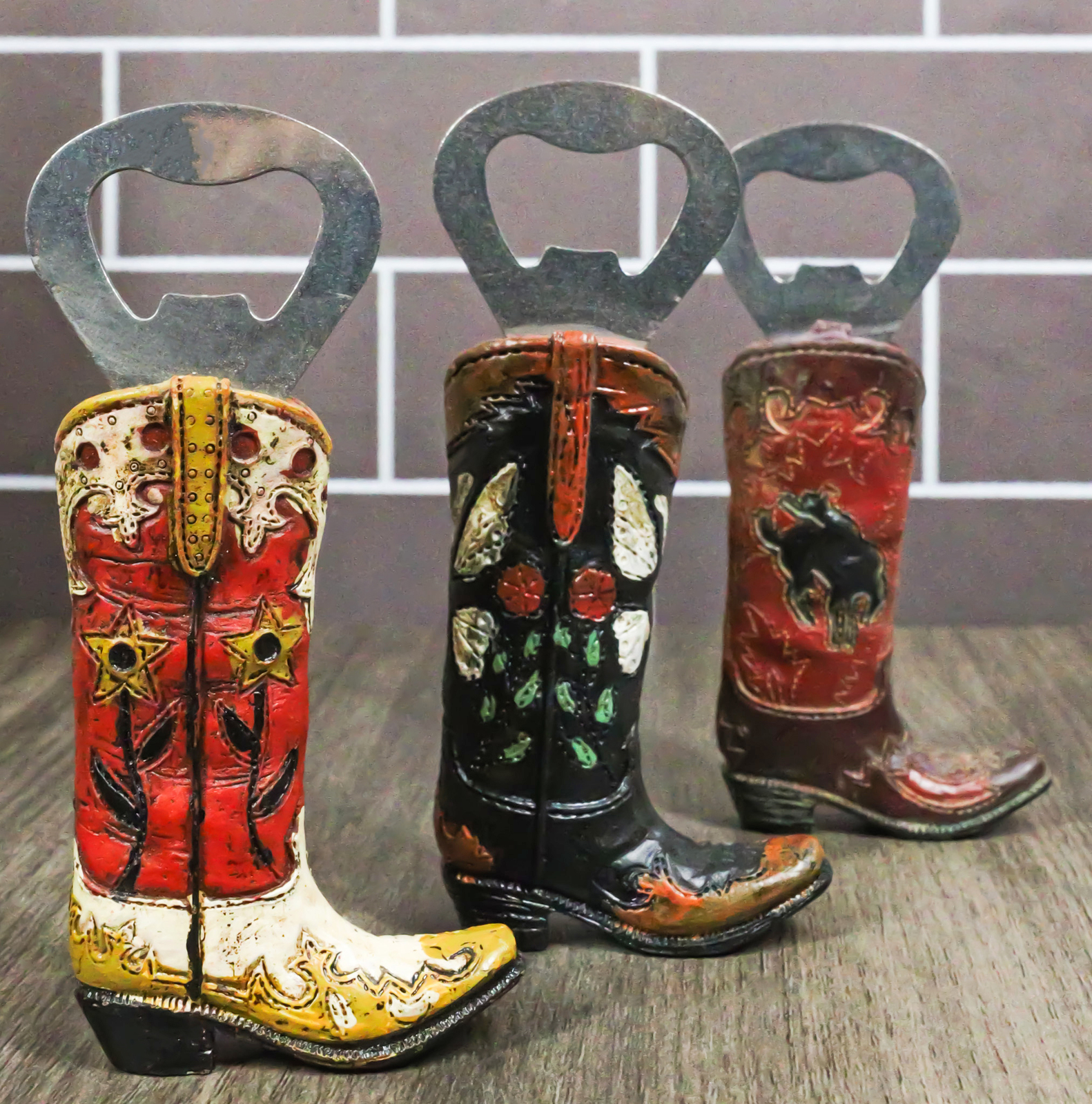 Pack Of 3 Western Rustic Faux Leather Cowboy Boots Hand Beer Bottle Openers - $19.99