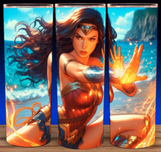 Wonder Woman Super Hero Beach Comic Cup Mug Tumbler 20oz with lid and straw - £15.53 GBP