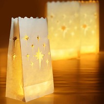 24 Pcs White Luminary Bags, Flame Resistant Candle Bags, Stars Design Luminaries - £18.18 GBP