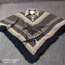 Vintage Butte Knit Cape Shawl Women Belted Collared Fringe Sweater Elegant - $37.02