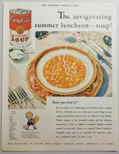 1930 Print Ad Campbell's Vegetable Soup Summer Luncheon 21 Varieties - $14.25