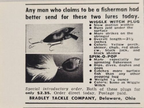 1954 Print Ad Wiggle Witch Plug & Spin-O-Pop Fishing Lures Bradley Delaware,OH - $7.99