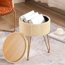 Cuyoca Round Storage Ottoman With Tray, Coffee Table Foot Rest, Velvet Cream. - £40.77 GBP