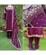 Pakistani Magenta 3 Pcs Fancy Chiffon Dress with thread embroidery ,XL - $2,360.88 MXN