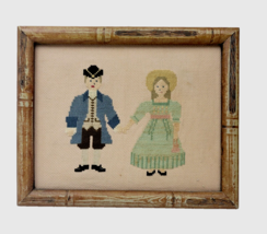 Vintage Handmade Cross Stitch Needlepoint Colonial Couple Man Woman Framed 11&quot; - £16.09 GBP