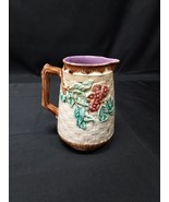 Antique Majolica Jug Or Small Pitcher Creamer Basket Weave Apple Blossom... - $79.99