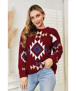 HEYSON Red Aztec Soft Fuzzy Long Sleeve Ribbed Sweater Top - £43.96 GBP