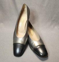 Salvatore Ferragamo Cap Toe Pumps Heels 2-Tone Pewter Navy Leather 9.5 AAA Shoes - £47.47 GBP