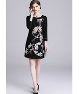 Embroidered round neck slimming lace A-line dress black color - £68.34 GBP