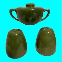 Vintage Bauer Pottery Sugar Bowl Salt And Pepper Shakers Moss Green - £28.40 GBP