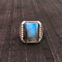 Genuine Blue Fire Labradorite Ring Handmade 925 Silver Jewelry Gift for Him - £51.17 GBP