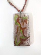 Art Glass Pendant Necklace with Seed Bead Chain Burnt Orange Silver-tones Green - £11.19 GBP