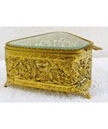 Antique Ormolu Triangle Jewelry Box Reticulated Gold Gilt and Beveled Gl... - $107.30 CAD