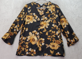 Rebecca Malone Blouse Women&#39;s Petite Small Black Floral Long Sleeve Button Front - £14.74 GBP