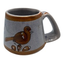 Tonala Pottery Mug Mexico Signed AM Blue Brown Glaze Leaves Birds Flower - £27.62 GBP