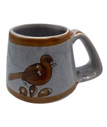 Tonala Pottery Mug Mexico Signed AM Blue Brown Glaze Leaves Birds Flower - $34.64