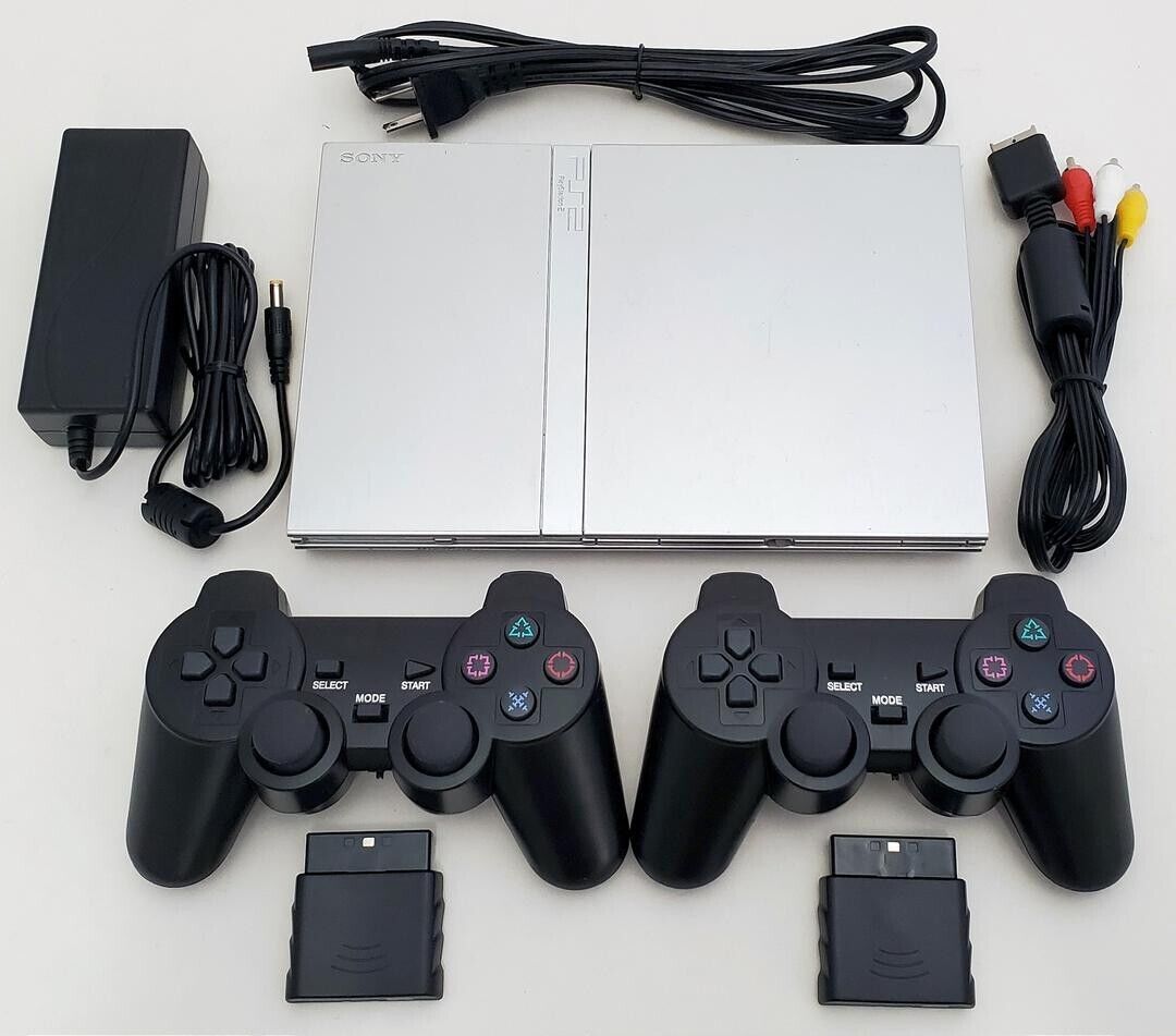 2 CONTROLLERS Sony PS2 PlayStation 2 Slim SILVER Game Console Bundle System - £156.39 GBP