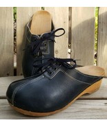 Vintage Leather Wood Clogs Womens Sz 6 Blue Mules Festival 70s Hippie Shoe - $49.52 CAD