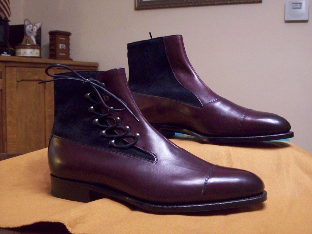 New Handmade Men Cap Toe Ankle High Boots Maroon Leather Blue Suede Dress Boots