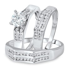 10K Solid White Gold FN His &amp; Her Engagement Bridal Wedding Band Trio Ring Set - £125.86 GBP