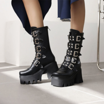 Winter Punk Womens Platform Boots Black Buckle Strap Zipper Creeper Wedges Shoes - £45.00 GBP