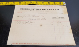 1910s Stokes-Grymes Grocery Co. Invoice - Richmond Virginia - £13.67 GBP