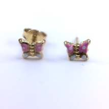 Girl&#39;s Stud Earrings Solid 14k Yellow Gold White Pink Enamel Butterfly - £65.94 GBP