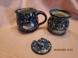 Marshall Pottery Creamer &amp; Sugar Blue Navy Spongeware Vintage Deco USA Signed - £19.52 GBP