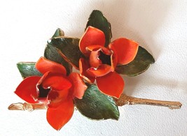 FLOWER POWER Brooch Pin Orange and Green Enameling Gold Tone Setting 1960s - £14.38 GBP