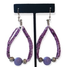 Purple Beaded Hoop Earrings Large Dangle Bohemian Handmade Beach Lightweight  - £13.55 GBP