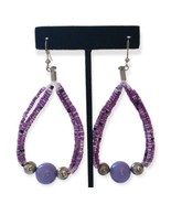 Purple Beaded Hoop Earrings Large Dangle Bohemian Handmade Beach Lightwe... - £13.23 GBP