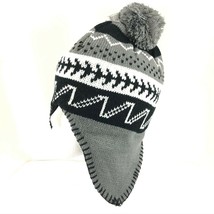 Polar Wear Kids Beanie Hat Ear Flaps Fleece Lined Striped Knit Pom Gray ... - £6.16 GBP