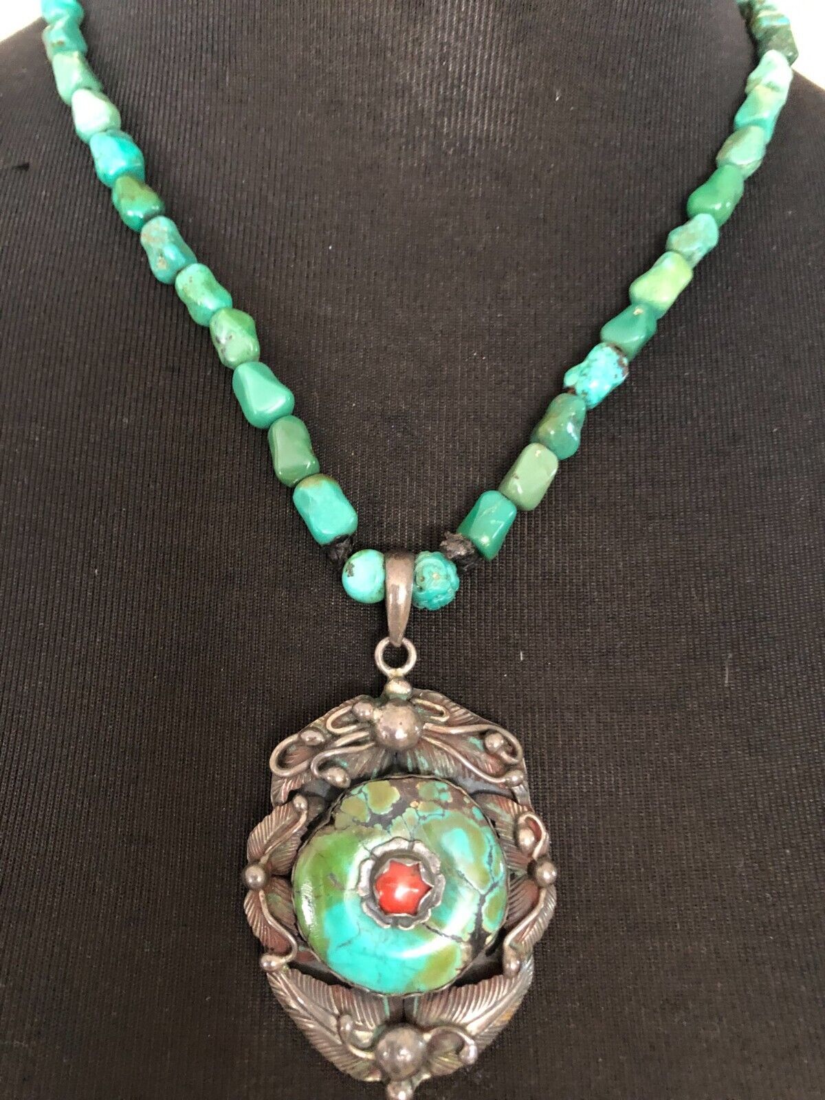 Vintage Nepalese Tibetan Style Turquoise & Coral Pendant on Turquoise necklace - $150.00