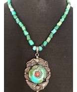 Vintage Nepalese Tibetan Style Turquoise &amp; Coral Pendant on Turquoise ne... - £118.03 GBP