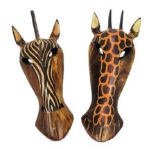 10" Pair of Giraffe and Zebra Hand Carved Tribal Head Masks - £22.11 GBP