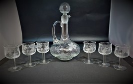 Vintage Etched Glass Cordial Liquor Decanter, 6 Matching Stemmed Cordial... - £46.71 GBP