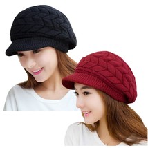 2 Pack Women Winter Warm Knit Hat Slouchy Beanie Cap With Visor, A-Black&amp;Wine Re - £22.13 GBP