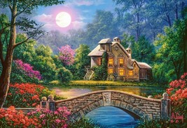FRAMED CANVAS WALL ART PRINT enchanted cottage at night garden flowers pond moon - £31.28 GBP+