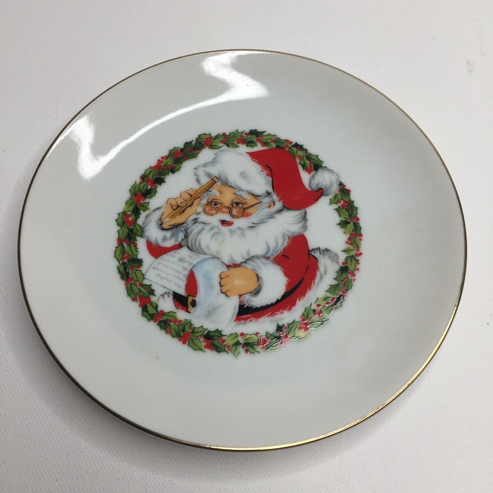 Primary image for Vintage Jasco Fine Porcelain Christmas Plate Santa Claus Nice List 22K Gold Edge