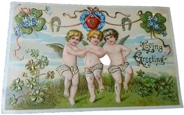 Cupid 1910 Loving Greeting Horseshoes 4 Leaf Clovers Antique Postcard Vintage PC - $1.98