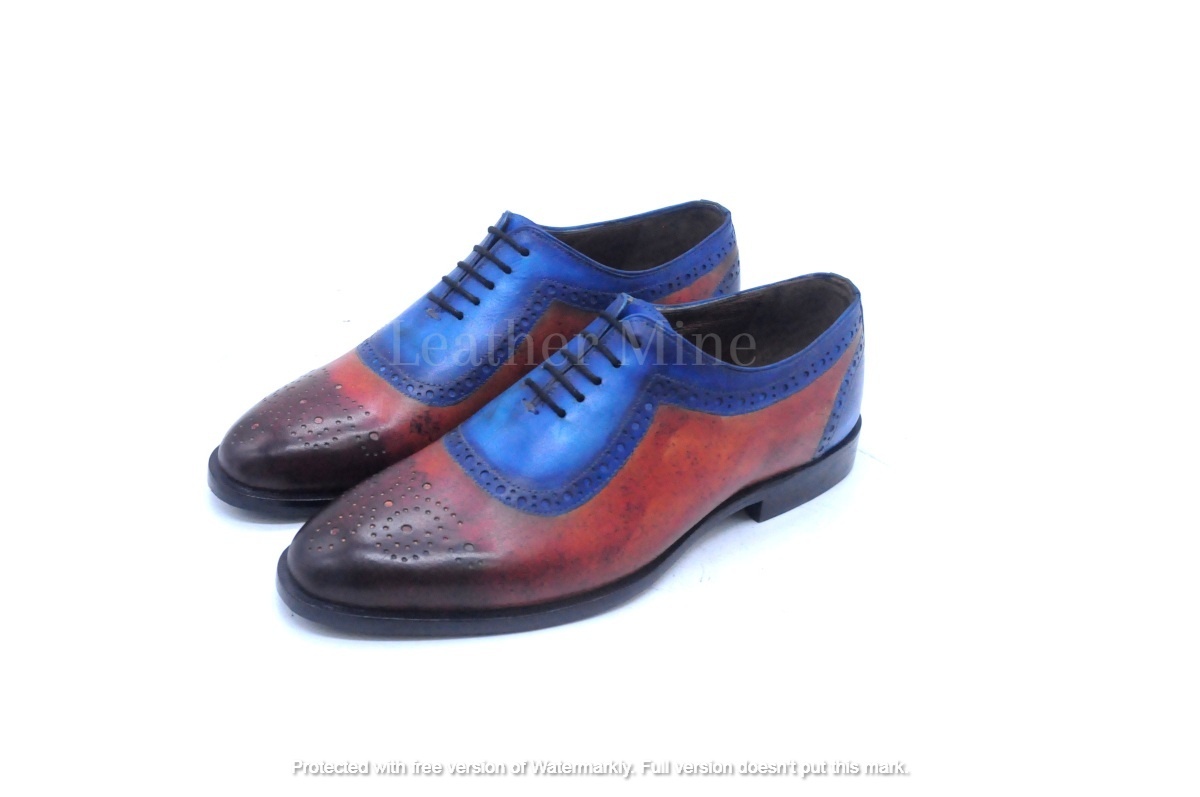 Handmade Blue Patina Oxfords Dress Shoes, Genuine Leather Formal Shoes