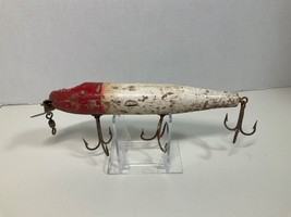 Vintage 8&quot; Wood Fishing Lure Red/White 3-Hook Used Large Trolling Lure U... - $21.78