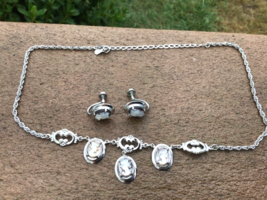 Sterling Silver Mother of Pearl Cameo Drop Necklace With Matching Earrings 1950s - £49.89 GBP