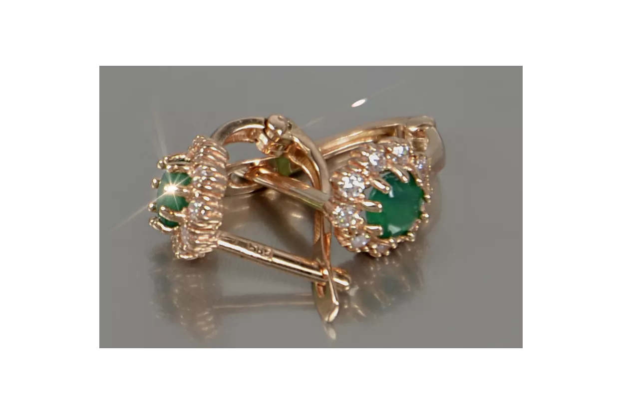 14 K 585 Solid Gold Earrings Emerald &amp; CZ Russian Soviet Earrings  - $280.00