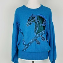 Vintage ESCADA by SRB Horse Sweater Blue Equestrian Mohair Wool Blend Si... - £94.17 GBP