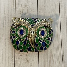 Fashion Green Blue Enamel Crystal Big Owl Head Brooch Pin 2&quot;X2.5&quot; Beautiful - £9.07 GBP